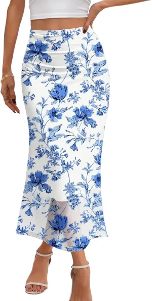 MEROKEETY Women's Summer Floral Mesh Midi Skirt 2025 Casual Trendy High Waist Ruched Boho Skirts