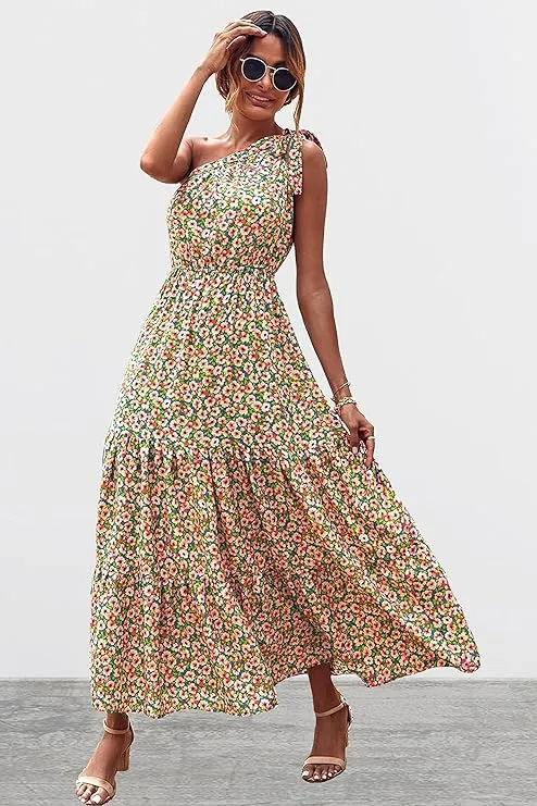 NEW Retails $85 Blue/Pink PRETTYGARDEN Women's Floral Maxi Dress 2024 Knot One Shoulder Sleeveless Ruffle Hem Flowy Boho Dresses Sz 2X