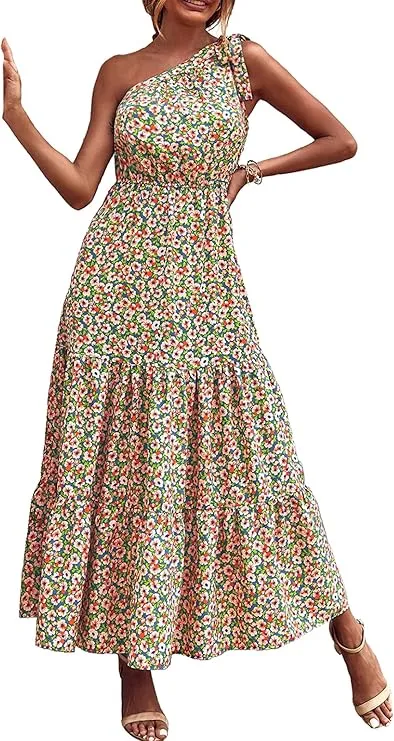 NEW Retails $85 Blue/Pink PRETTYGARDEN Women's Floral Maxi Dress 2024 Knot One Shoulder Sleeveless Ruffle Hem Flowy Boho Dresses Sz 2X