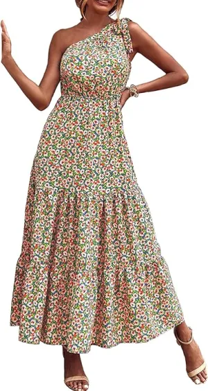 NEW Retails $85 Blue/Pink PRETTYGARDEN Women's Floral Maxi Dress 2024 Knot One Shoulder Sleeveless Ruffle Hem Flowy Boho Dresses Sz 2X