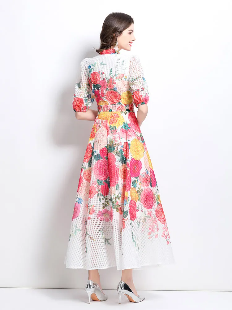 Oil painting flower print A-line dress
