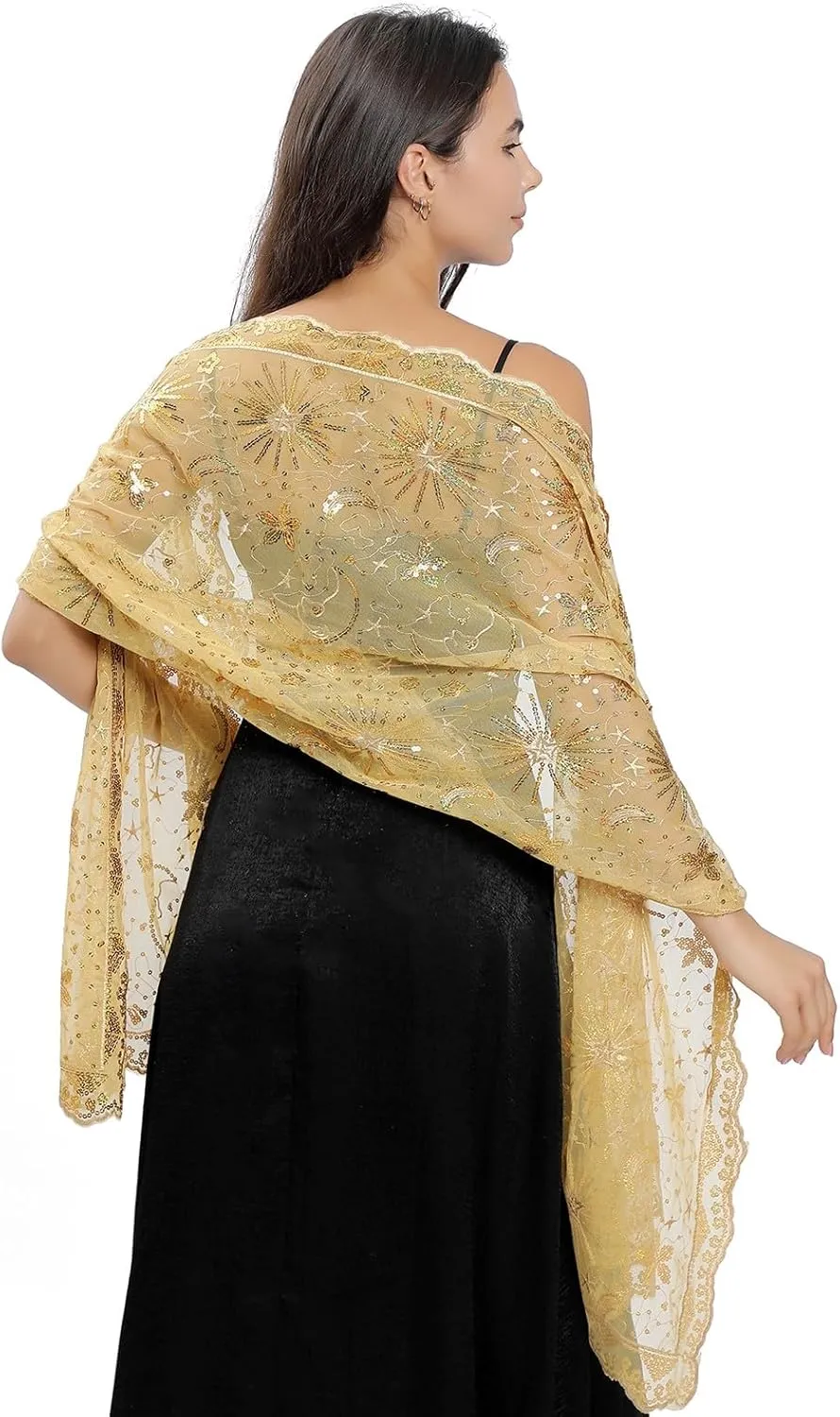 OurLore Women's Glittering 1920s Shawl Scarf Mesh Sequin Wedding Bridal Cape Fringed Evening Wraps Shawls