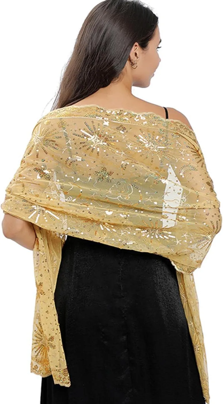 OurLore Women's Glittering 1920s Shawl Scarf Mesh Sequin Wedding Bridal Cape Fringed Evening Wraps Shawls