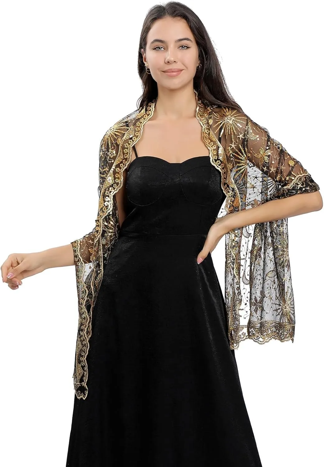 OurLore Women's Glittering 1920s Shawl Scarf Mesh Sequin Wedding Bridal Cape Fringed Evening Wraps Shawls