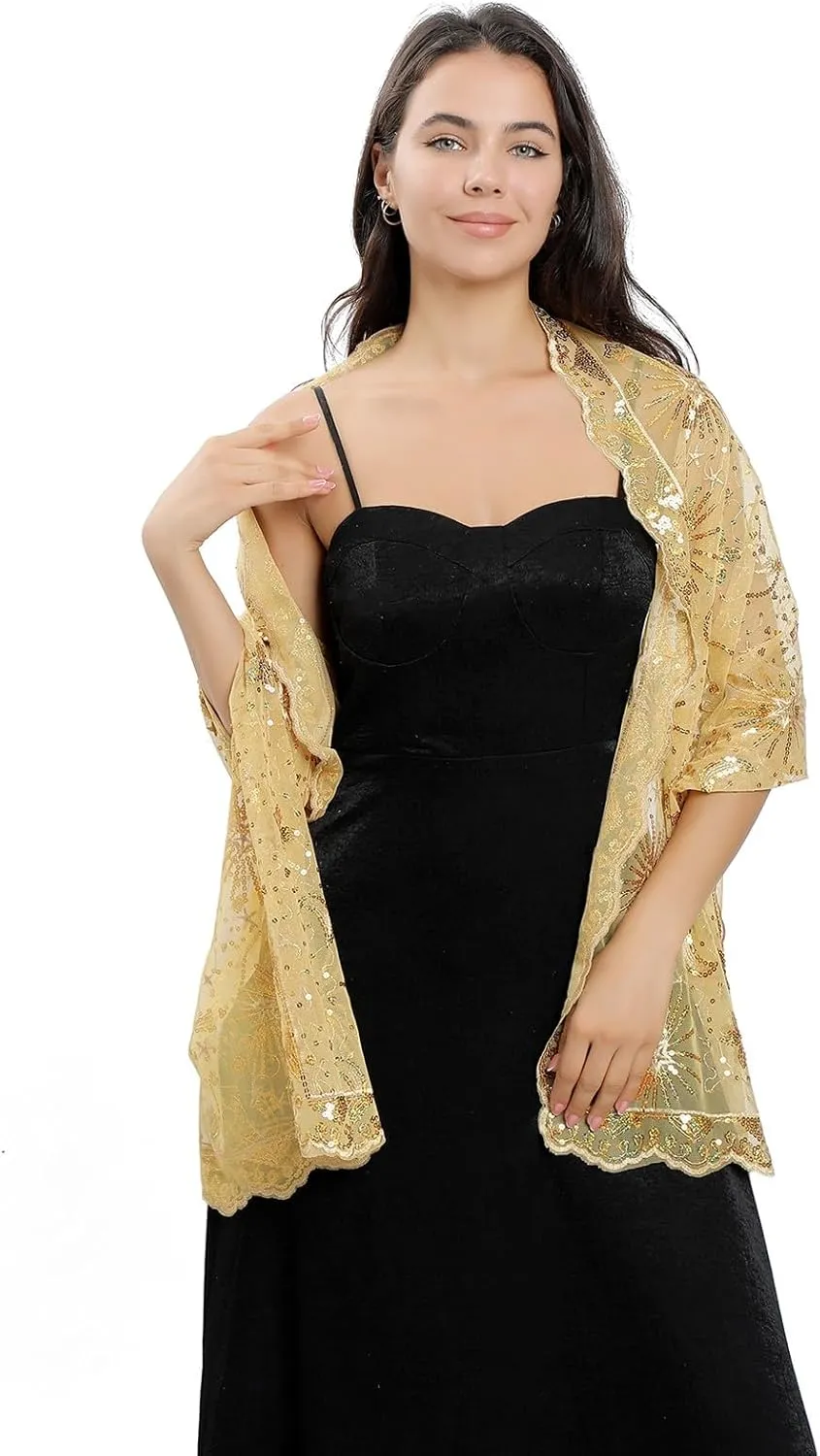 OurLore Women's Glittering 1920s Shawl Scarf Mesh Sequin Wedding Bridal Cape Fringed Evening Wraps Shawls
