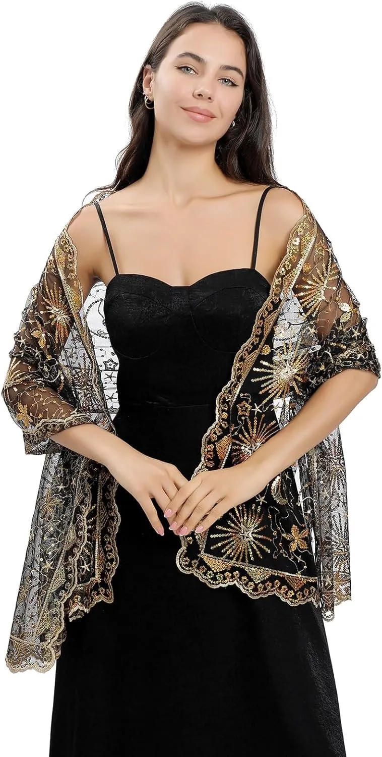 OurLore Women's Glittering 1920s Shawl Scarf Mesh Sequin Wedding Bridal Cape Fringed Evening Wraps Shawls