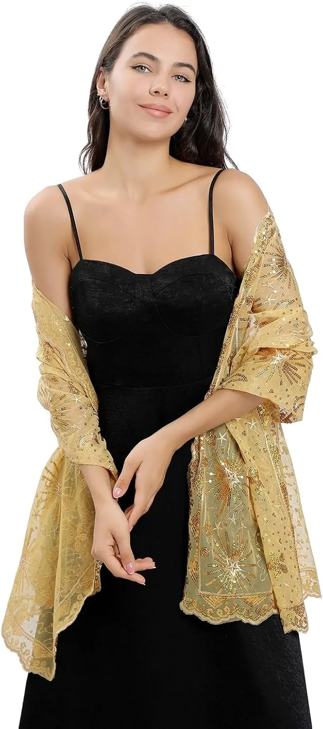 OurLore Women's Glittering 1920s Shawl Scarf Mesh Sequin Wedding Bridal Cape Fringed Evening Wraps Shawls