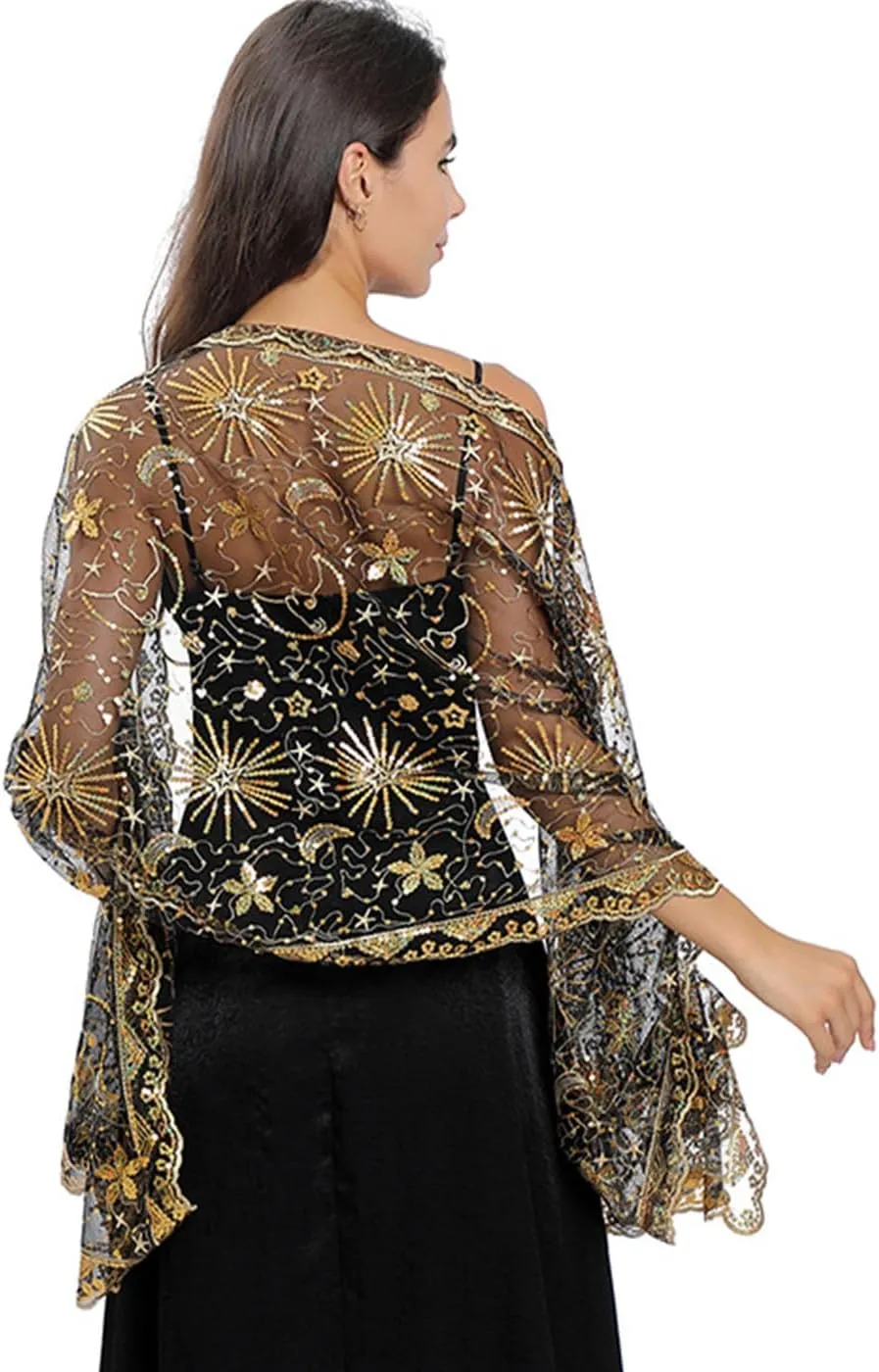 OurLore Women's Glittering 1920s Shawl Scarf Mesh Sequin Wedding Bridal Cape Fringed Evening Wraps Shawls