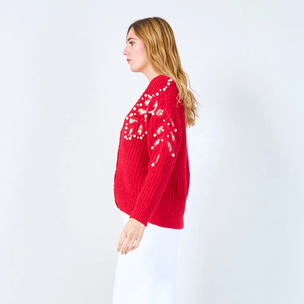 Pearl and sequin embellished knit cardigan wholesale