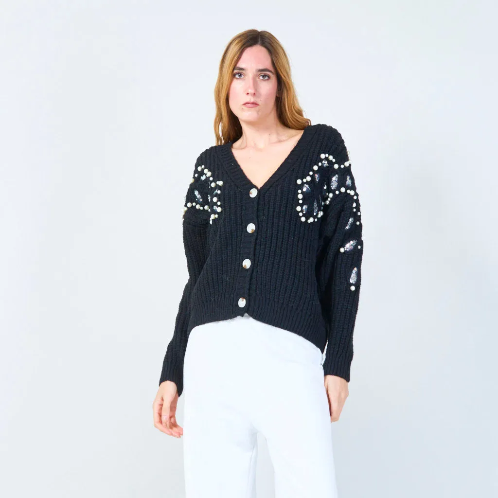 Pearl and sequin embellished knit cardigan wholesale