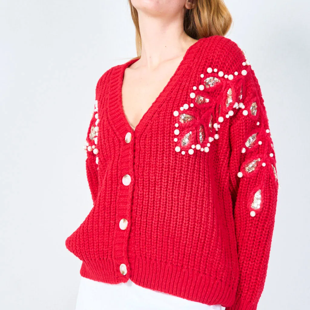 Pearl and sequin embellished knit cardigan wholesale