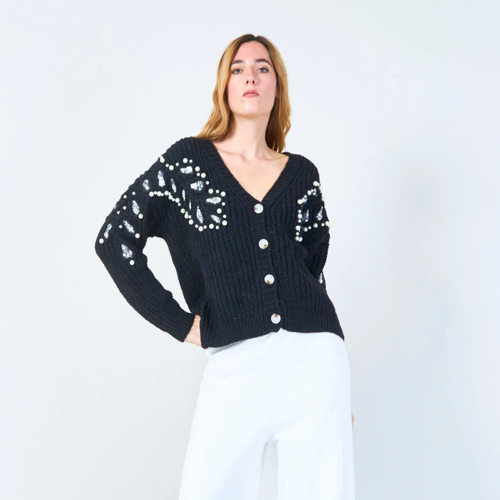 Pearl and sequin embellished knit cardigan wholesale