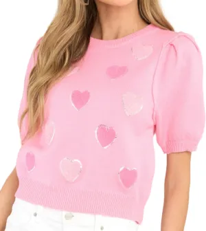 Pink Heart Graphic Sweaters for Women Short Puff Sleeve Vest Top Sweatshirt Holiday Colorful Heart Knit Tank Shirts