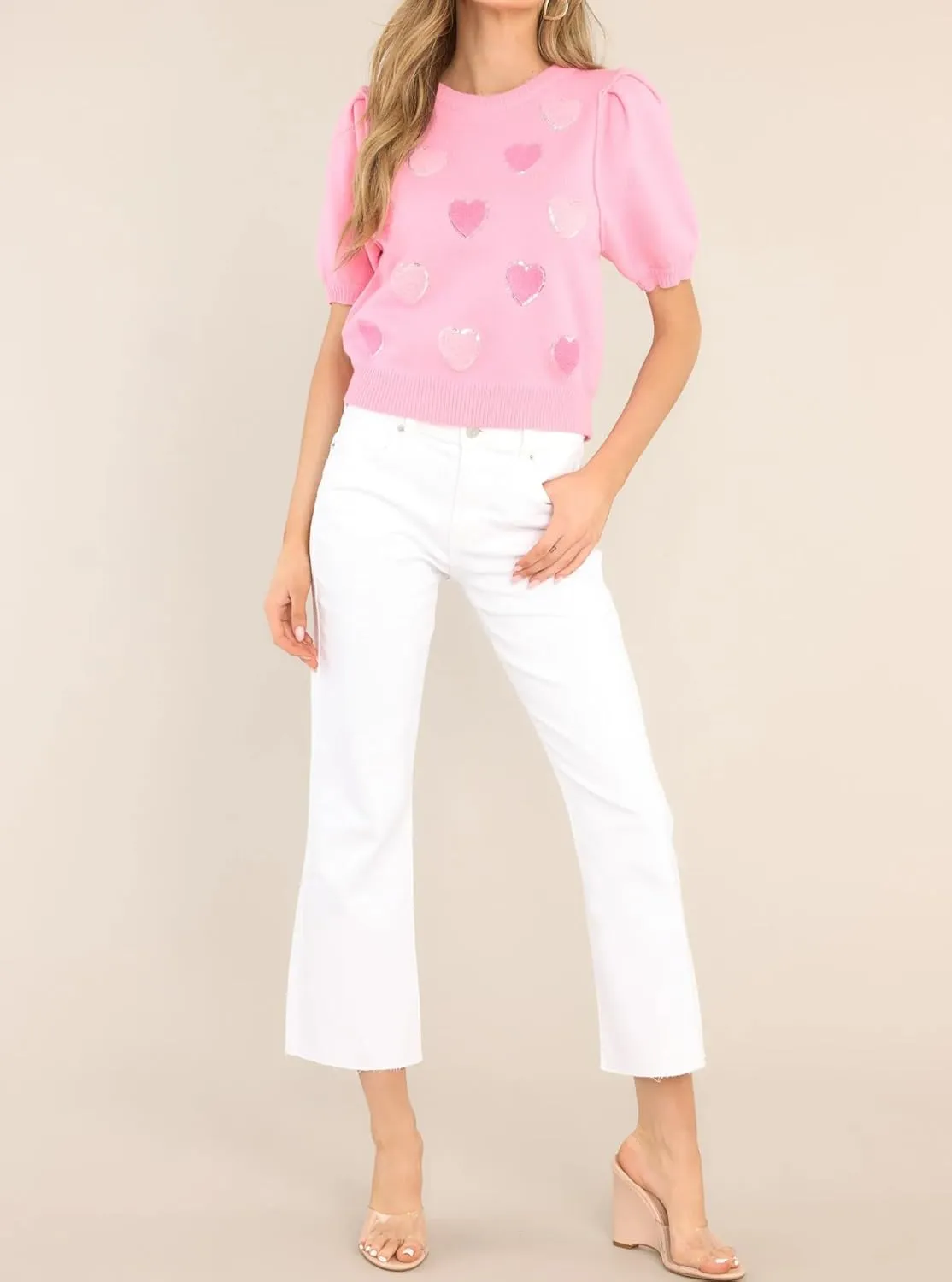 Pink Heart Graphic Sweaters for Women Short Puff Sleeve Vest Top Sweatshirt Holiday Colorful Heart Knit Tank Shirts