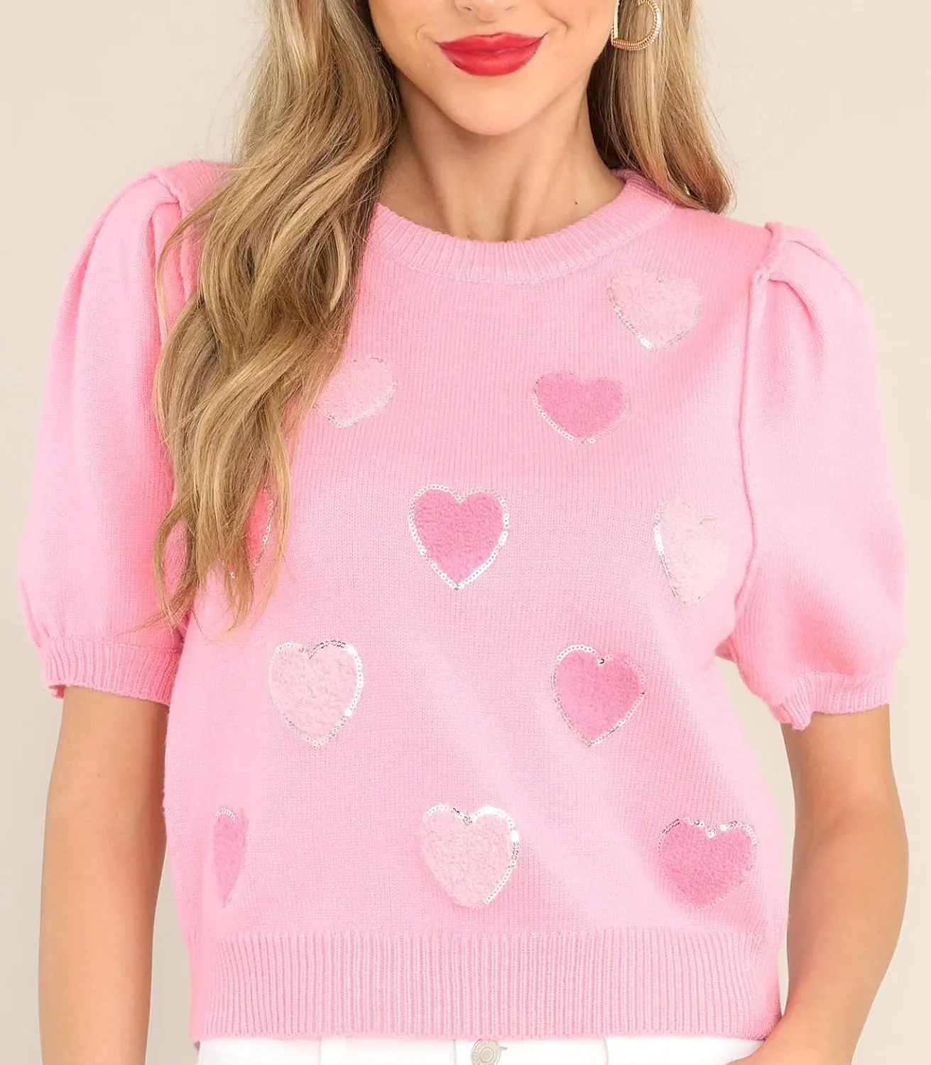 Pink Heart Graphic Sweaters for Women Short Puff Sleeve Vest Top Sweatshirt Holiday Colorful Heart Knit Tank Shirts
