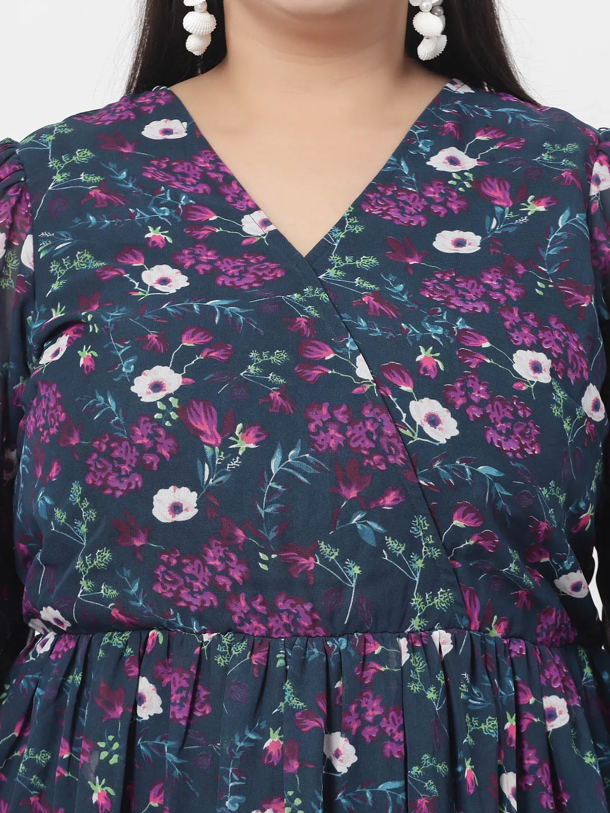 Plus Size Navy Blue, Pink & White Floral Printed Puff Sleeves Fit & Flare Maxi Dress