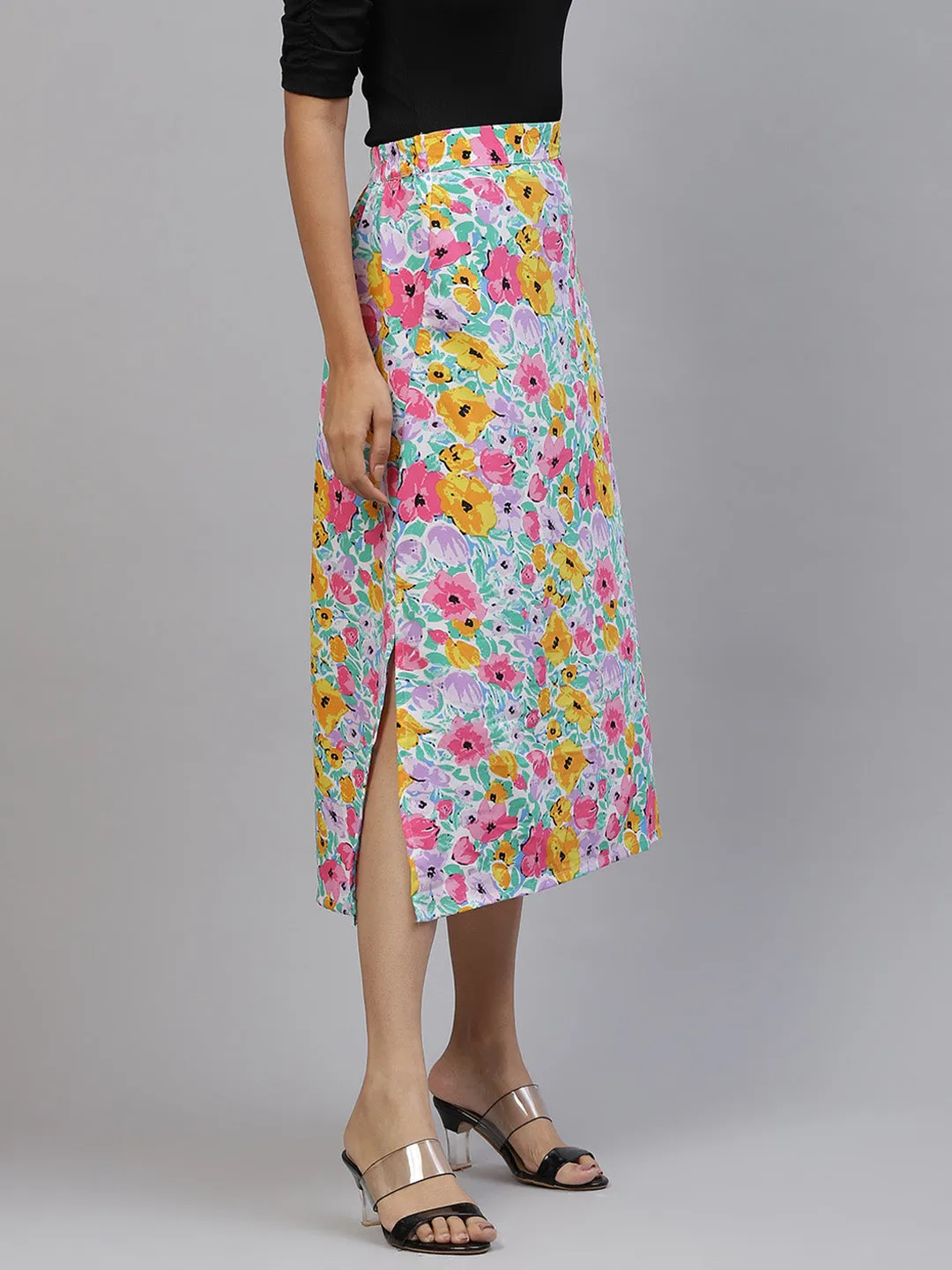 plusS Women Lavender  Pink Floral A-Line Midi Skirt