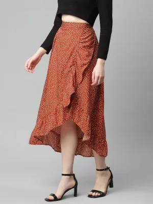 plusS Women Red  White Polka Dot Print Asymmetric Hem A-line Midi Skirt