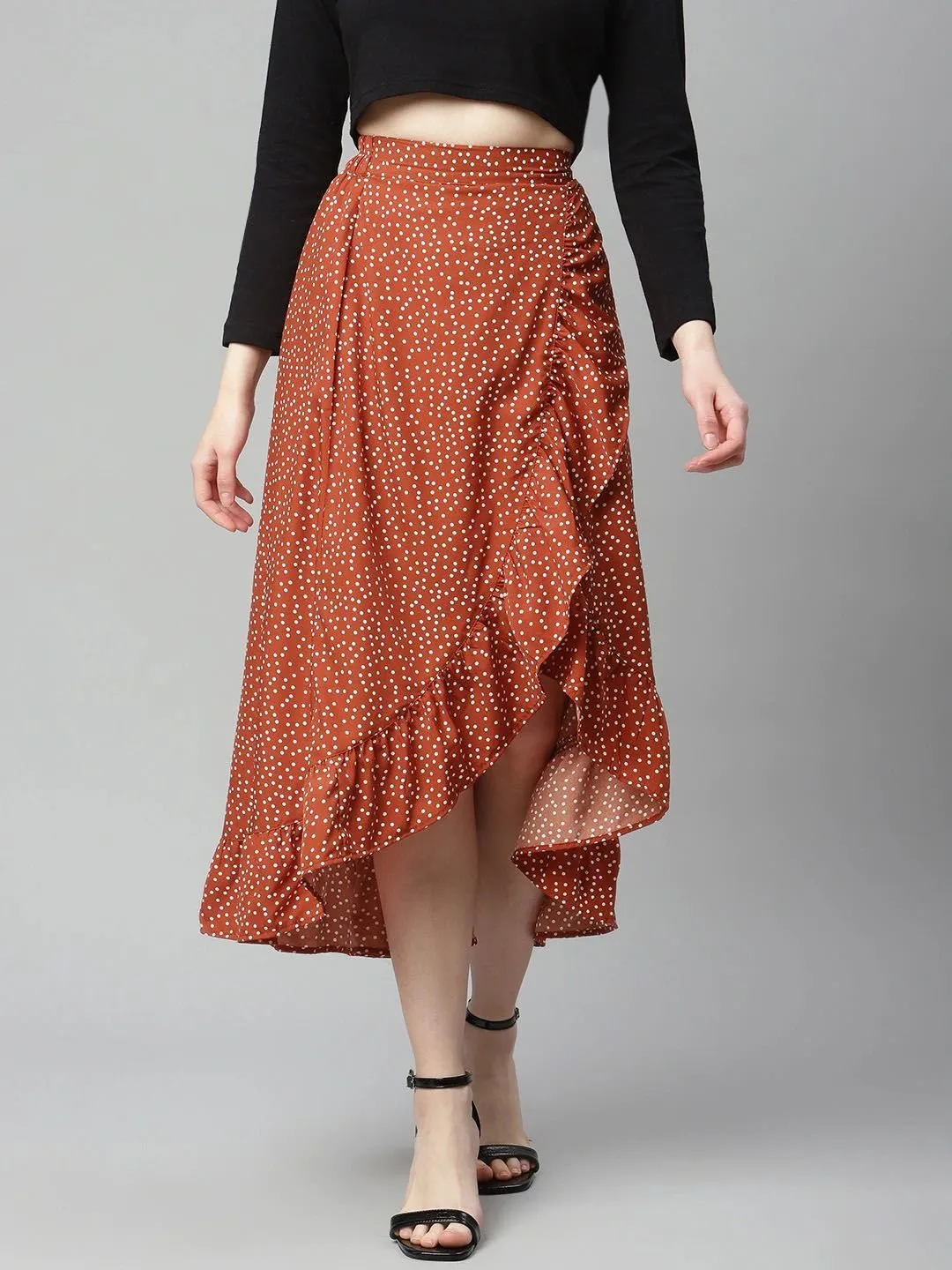 plusS Women Red  White Polka Dot Print Asymmetric Hem A-line Midi Skirt