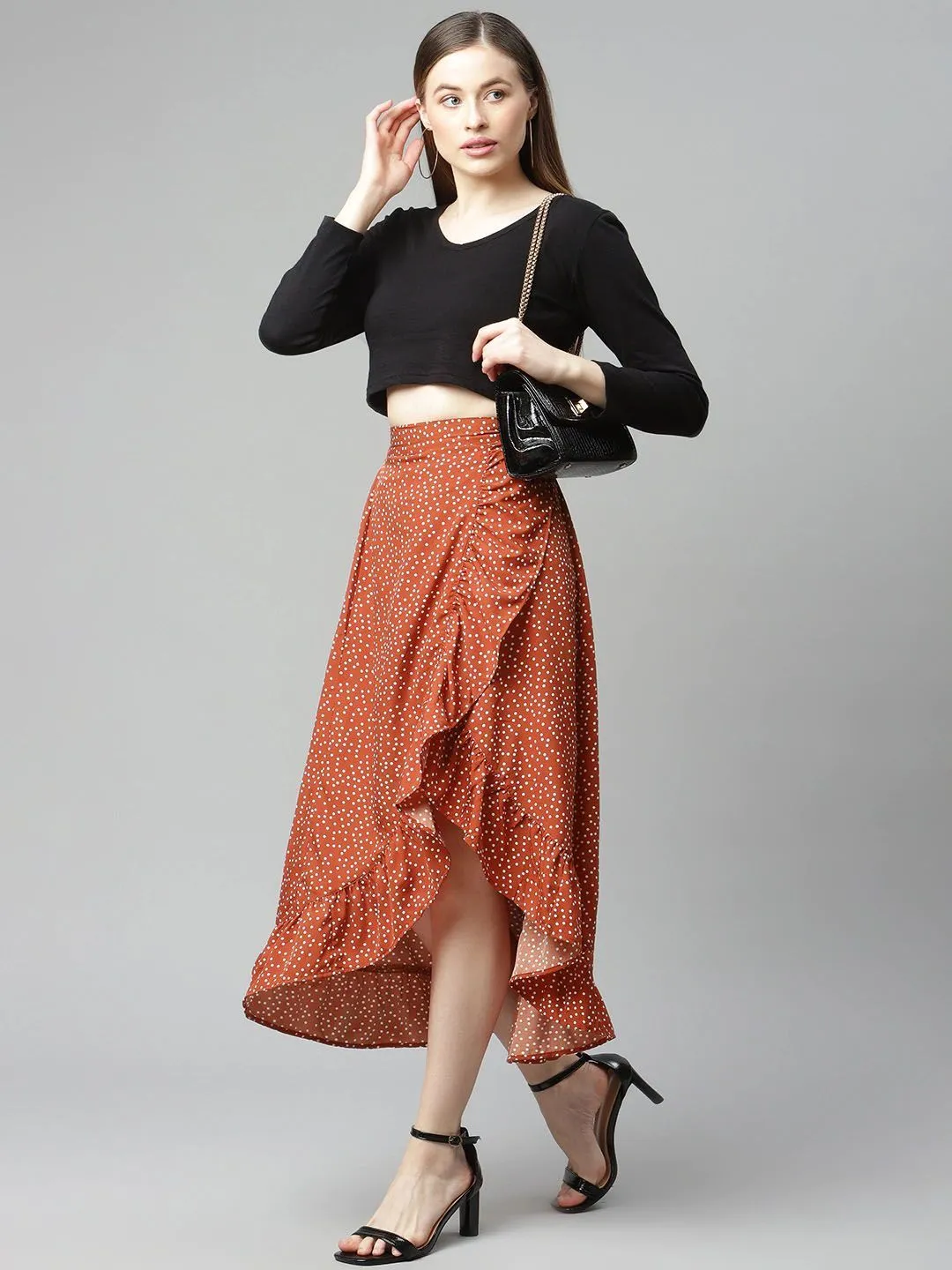 plusS Women Red  White Polka Dot Print Asymmetric Hem A-line Midi Skirt