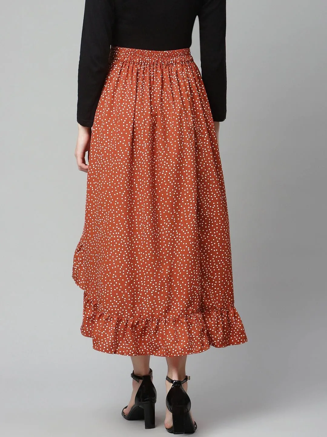 plusS Women Red  White Polka Dot Print Asymmetric Hem A-line Midi Skirt