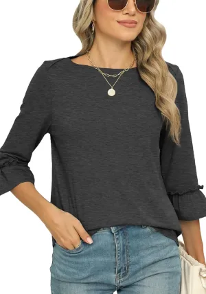Poetsky Womens Boat Neck 3/4 Sleeve Tops Loose Fit Shirts Casual Solid Basic Tee Shirt Blouses