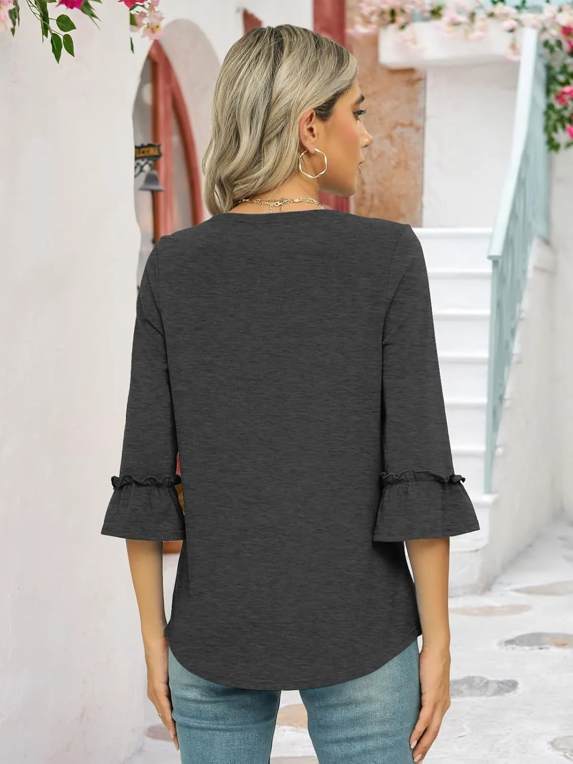 Poetsky Womens Boat Neck 3/4 Sleeve Tops Loose Fit Shirts Casual Solid Basic Tee Shirt Blouses