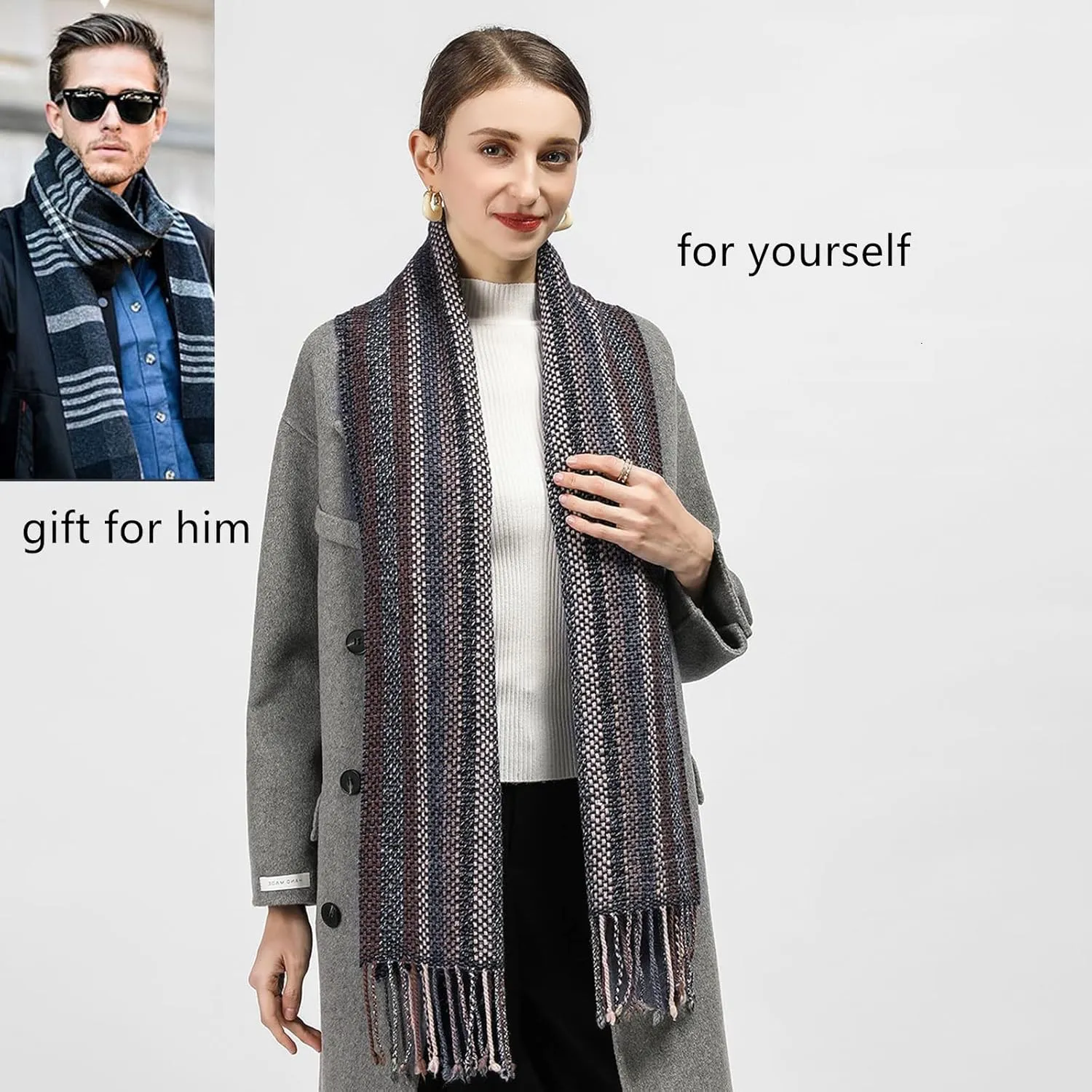 Pure Wool Scarves For men women, Pashmina Tartan Scarf,Cold Weather Scarf, Vertical Stripe Knit Winter Scarf