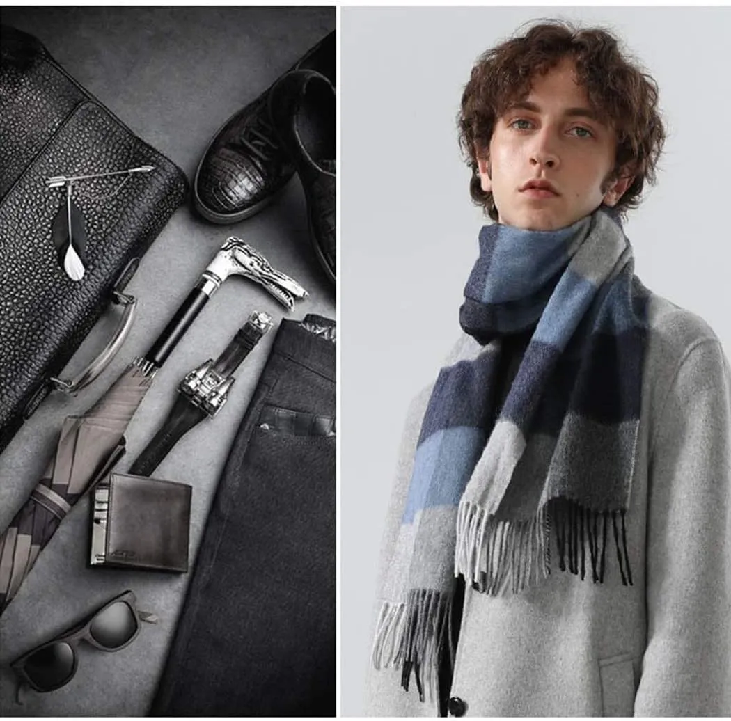 Pure Wool Scarves For men women, Pashmina Tartan Scarf,Cold Weather Scarf, Vertical Stripe Knit Winter Scarf