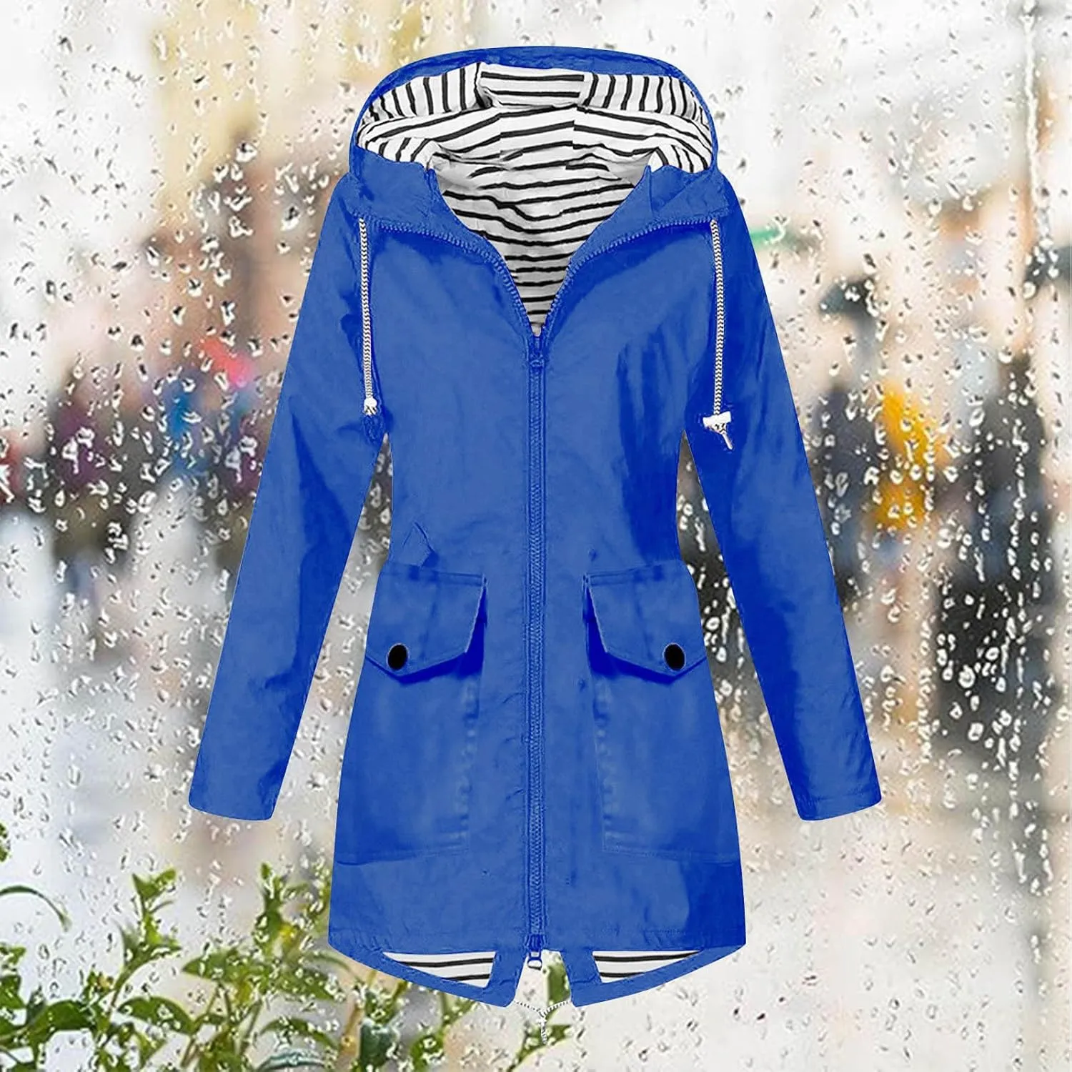 Rain Coats For Women Hiking Nylon Waterproof Hooded Zipper Length Coat Fall Winter Solid Color Outdoor Rain Jackets