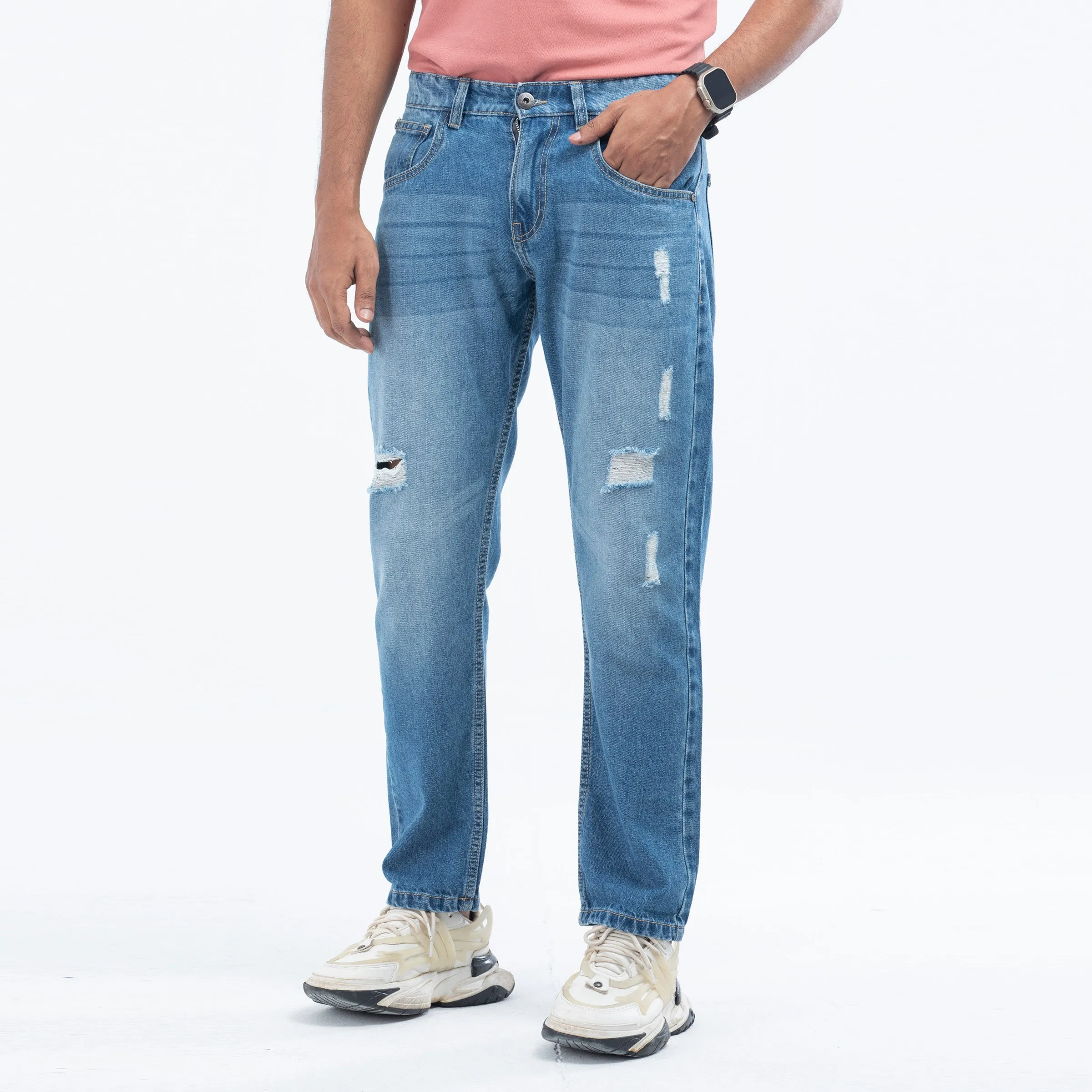 Relaxed fit non stretch ripped jeans - Blue
