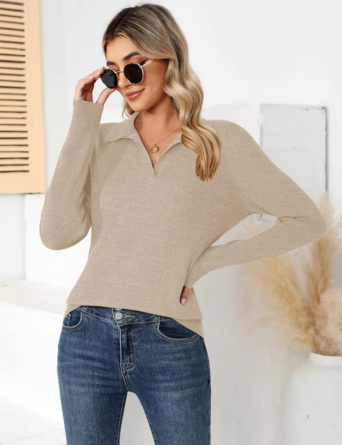 Romanstii Women's Knitted Collared Sweaters Long Sleeve V-Neck Polo Shirts Winter Pullover Tops