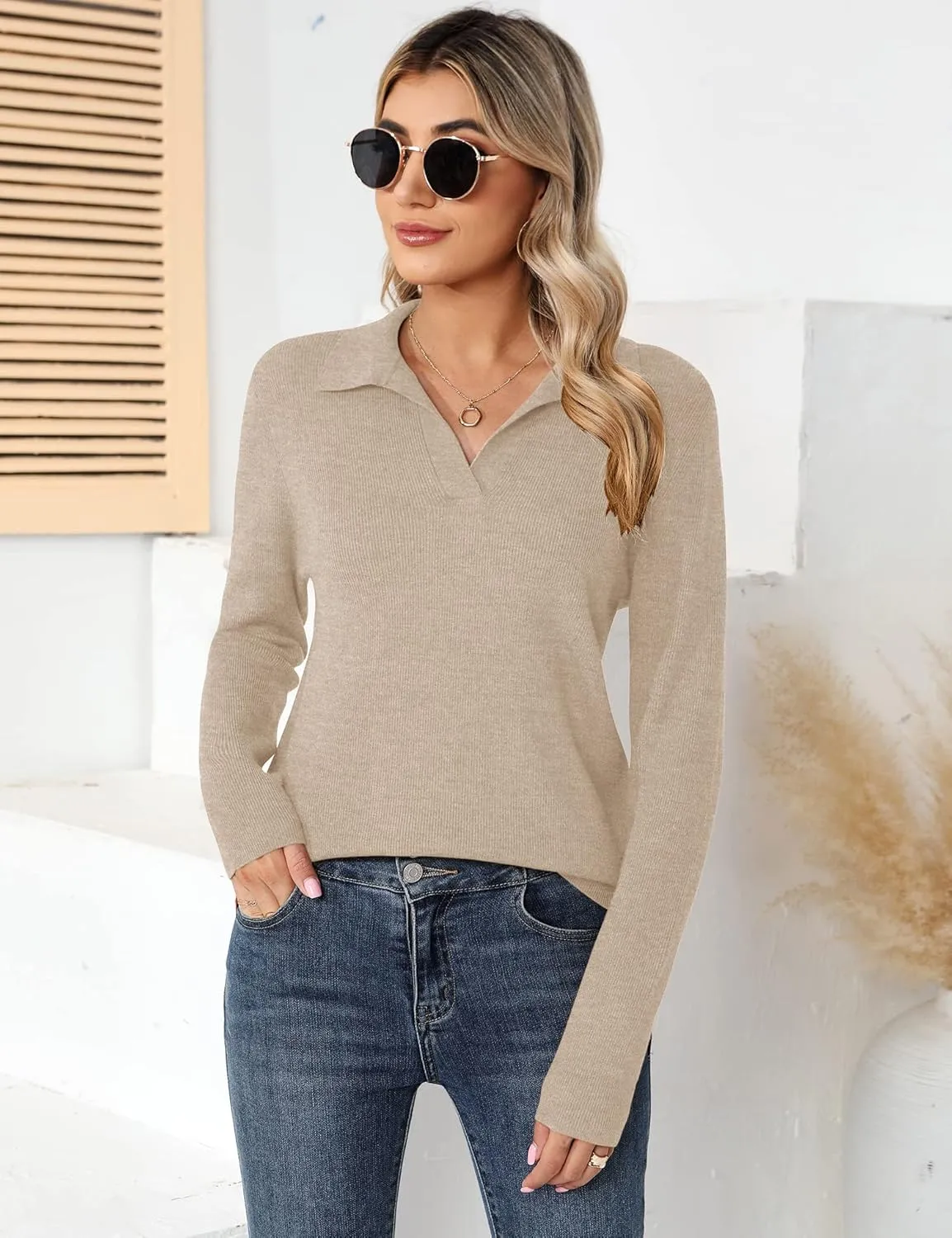 Romanstii Women's Knitted Collared Sweaters Long Sleeve V-Neck Polo Shirts Winter Pullover Tops