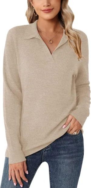 Romanstii Women's Knitted Collared Sweaters Long Sleeve V-Neck Polo Shirts Winter Pullover Tops