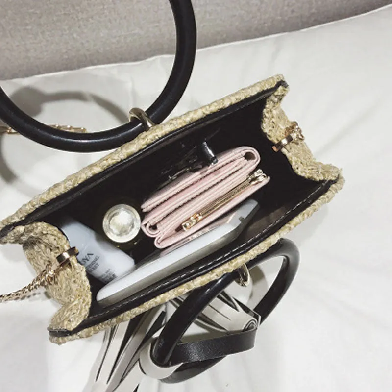 Round Stylish Straw Bag Handbag with Small Chain Shoulder Strap 3 Colors