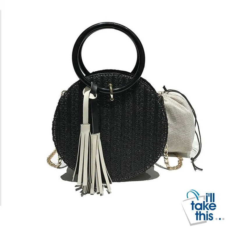 Round Stylish Straw Bag Handbag with Small Chain Shoulder Strap 3 Colors