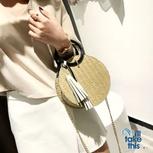 Round Stylish Straw Bag Handbag with Small Chain Shoulder Strap 3 Colors