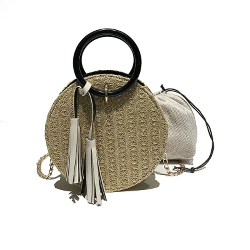 Round Stylish Straw Bag Handbag with Small Chain Shoulder Strap 3 Colors