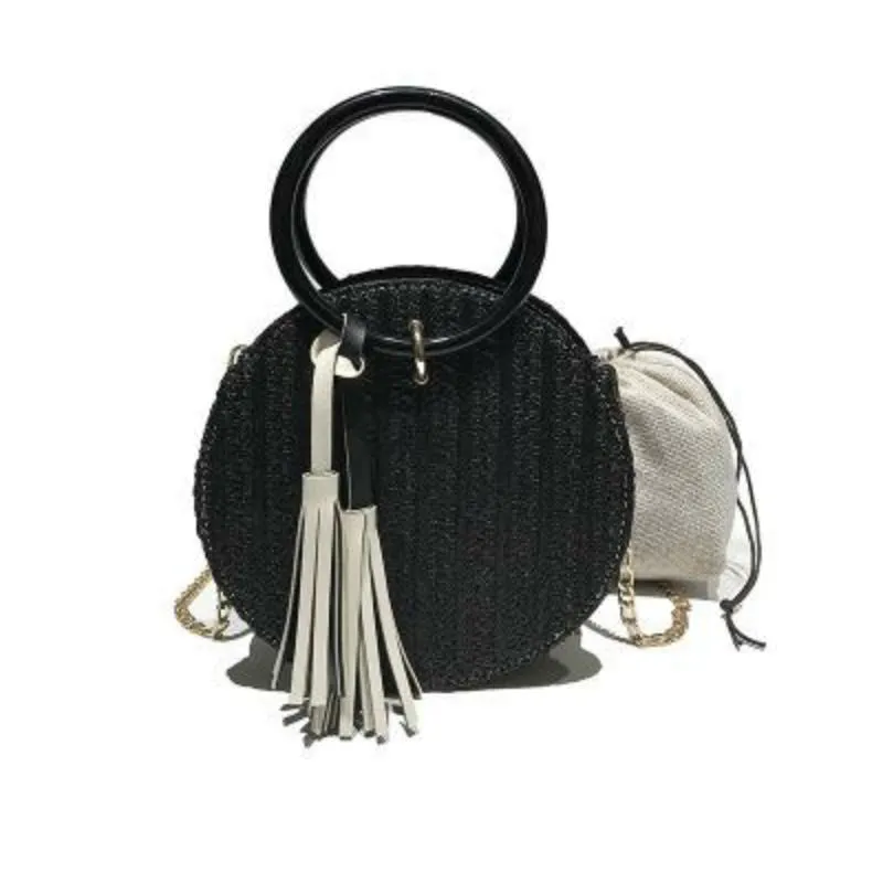 Round Stylish Straw Bag Handbag with Small Chain Shoulder Strap 3 Colors
