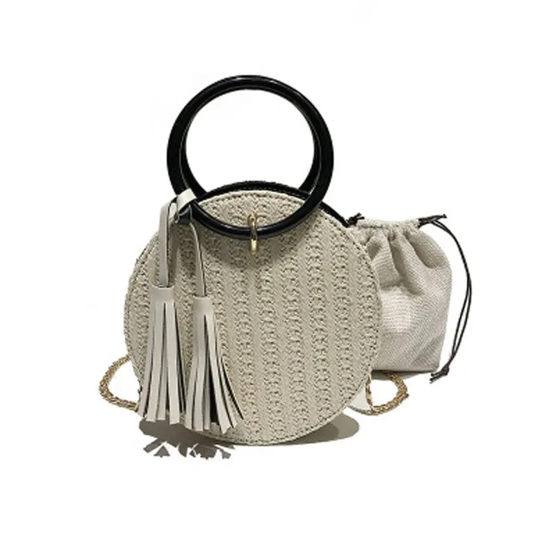 Round Stylish Straw Bag Handbag with Small Chain Shoulder Strap 3 Colors