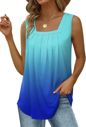 Saloogoe Summer Tank Tops for Women Loose Fit Pleated Square Neck Sleeveless Tops Curved Hem Flowy
