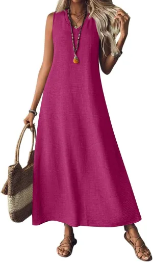 Summer Dresses for Women 2025 Cotton Linen Maxi Dress Casual Sleeveless Solid Long Sundress Vacation Outfits