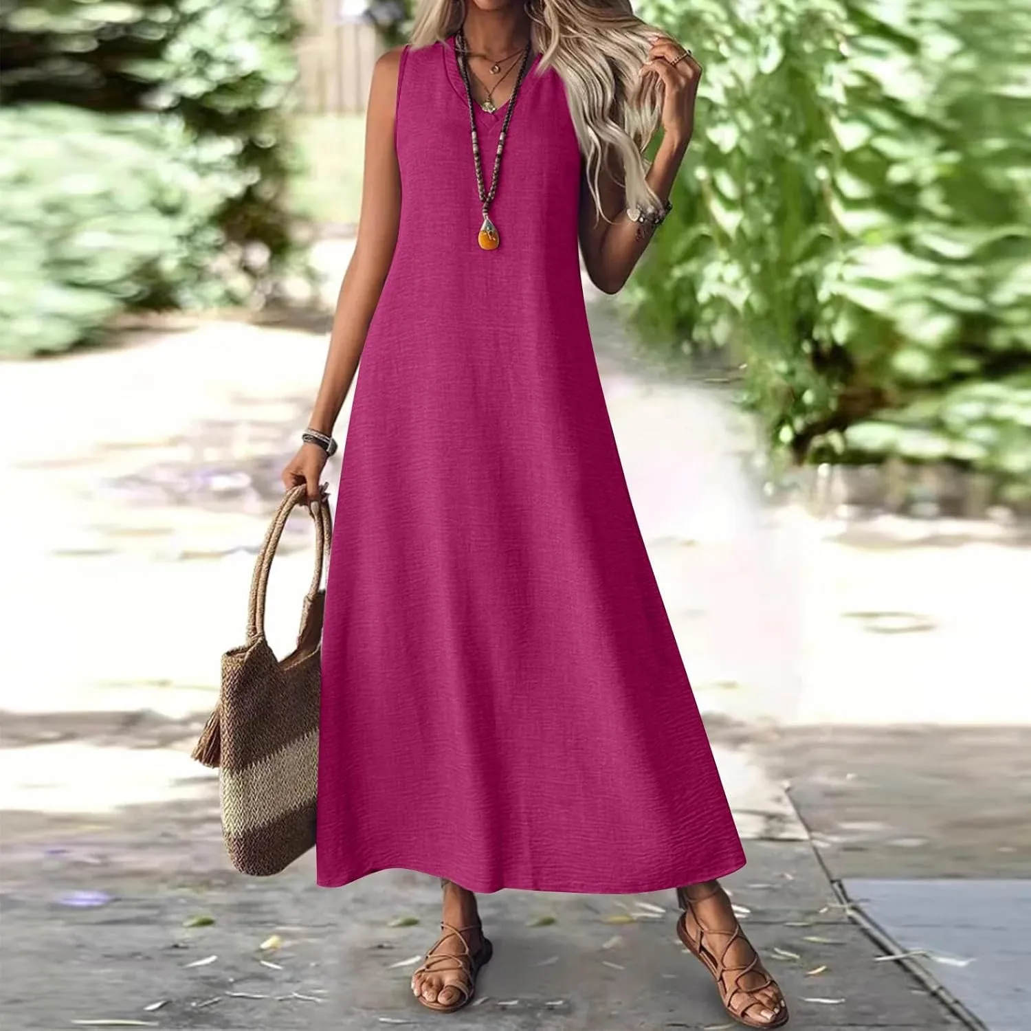 Summer Dresses for Women 2025 Cotton Linen Maxi Dress Casual Sleeveless Solid Long Sundress Vacation Outfits