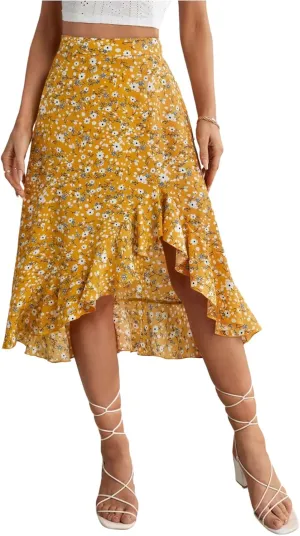 SweatyRocks Women's Ditsy Floral Print Midi Skirt 2025 Summer Boho Ruffle Hem Skirt