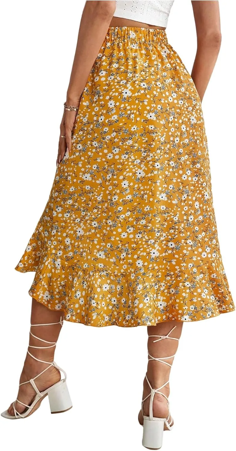 SweatyRocks Women's Ditsy Floral Print Midi Skirt 2025 Summer Boho Ruffle Hem Skirt