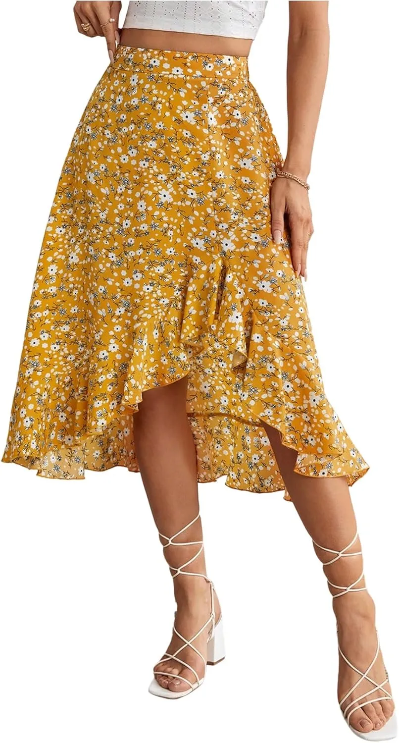 SweatyRocks Women's Ditsy Floral Print Midi Skirt 2025 Summer Boho Ruffle Hem Skirt