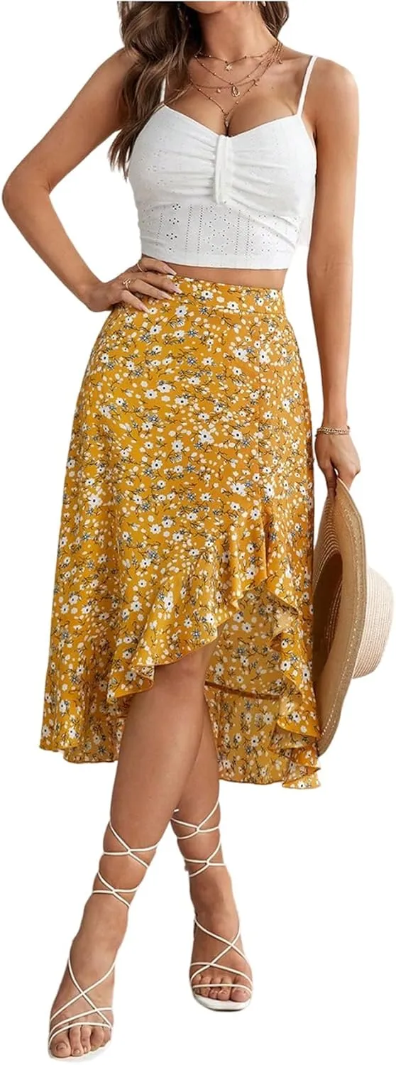 SweatyRocks Women's Ditsy Floral Print Midi Skirt 2025 Summer Boho Ruffle Hem Skirt
