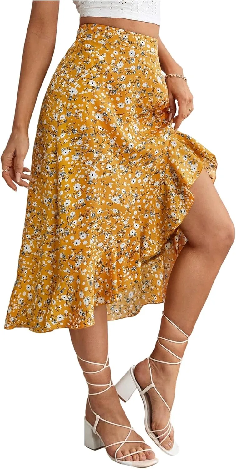 SweatyRocks Women's Ditsy Floral Print Midi Skirt 2025 Summer Boho Ruffle Hem Skirt