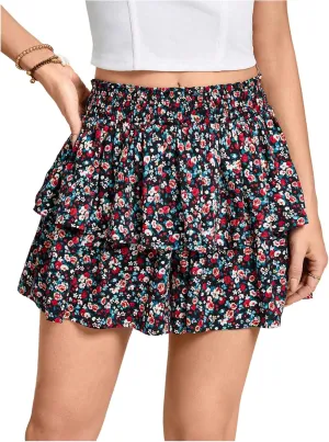 SweatyRocks Women's Floral Print Flowy Shorts Elastic Waist Ruffle Layered Boho Summer Skort