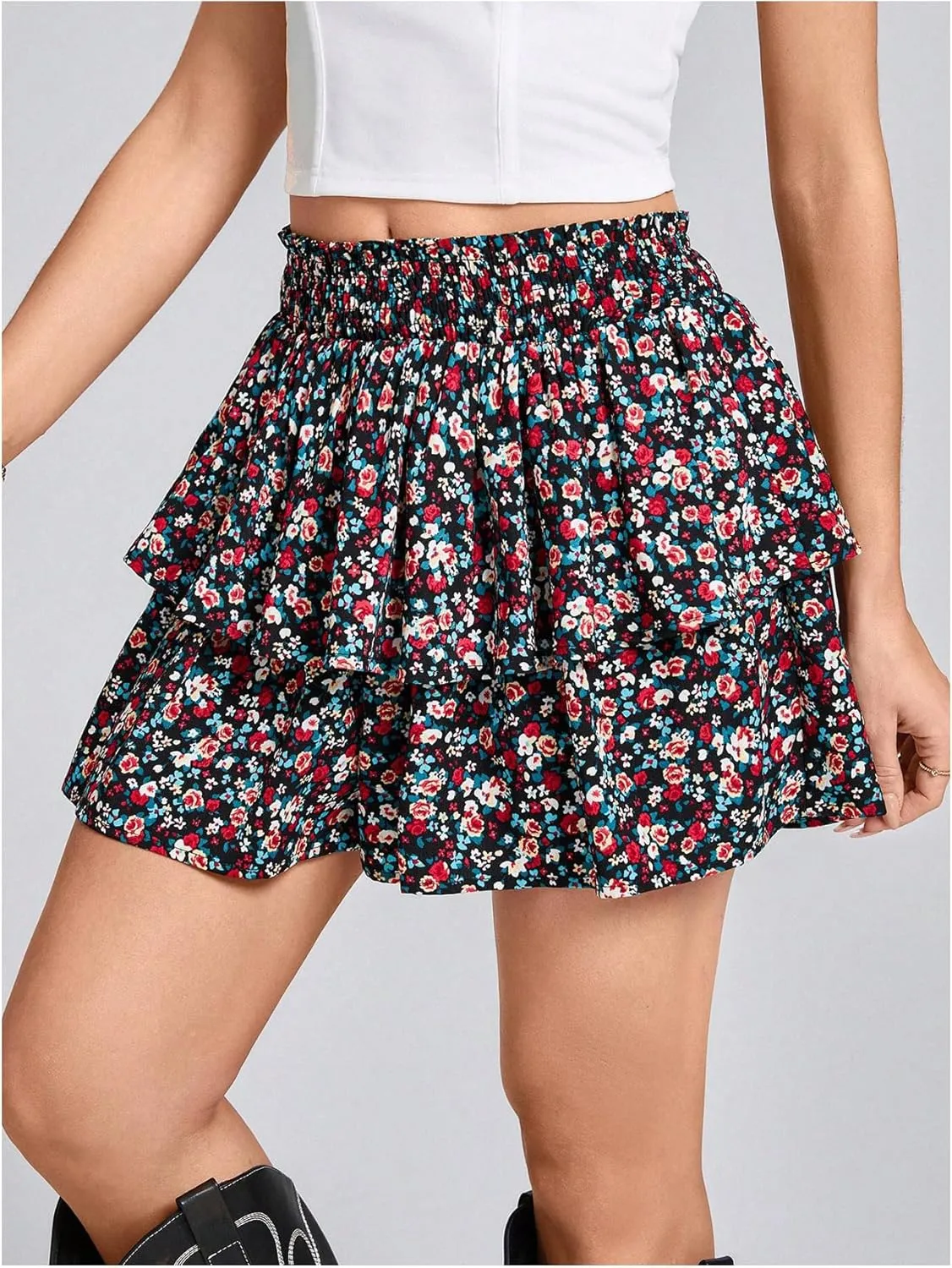 SweatyRocks Women's Floral Print Flowy Shorts Elastic Waist Ruffle Layered Boho Summer Skort